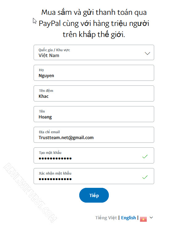 Nhập thông tin đăng ký Paypal