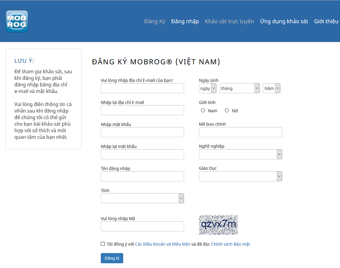Giao diện đăng ký tài khoản tại Website Mobrog 