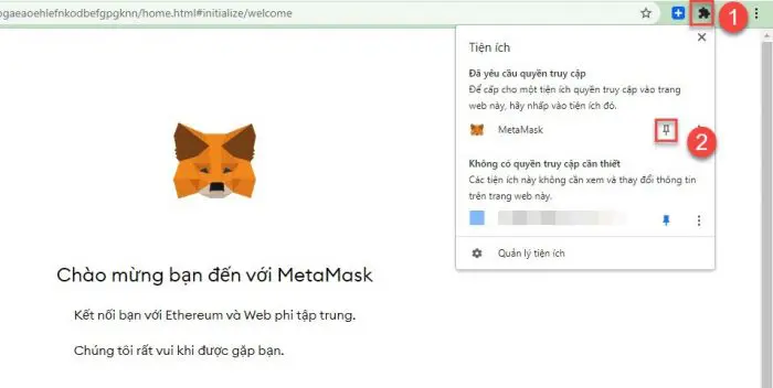 Mở metamask sau khi thêm tiện ích thành công