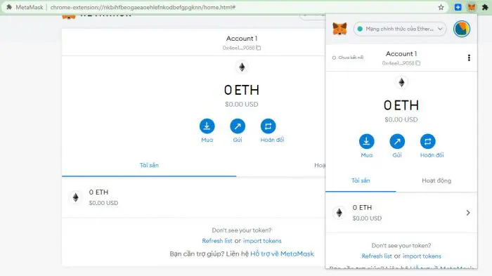 Giao diện ví Metamask