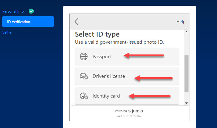 Chọn 1 trong 3 loại ID gồm Hộ chiếu, giấy phép lái xe và CMND để thực hiện xác minh.