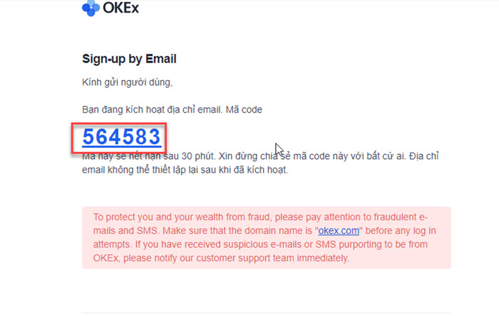 Mã xác thực đăng ký tài khoản sàn OKEx trong Email của bạn