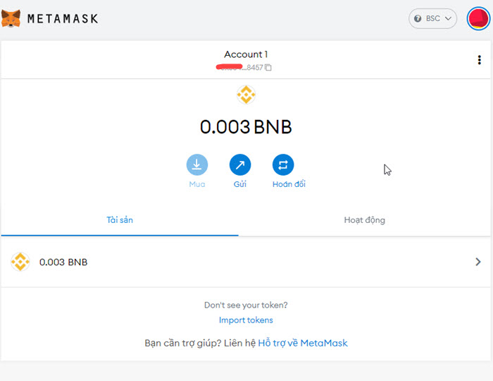 Giao diện chính của MetaMask sau khi đăng nhập