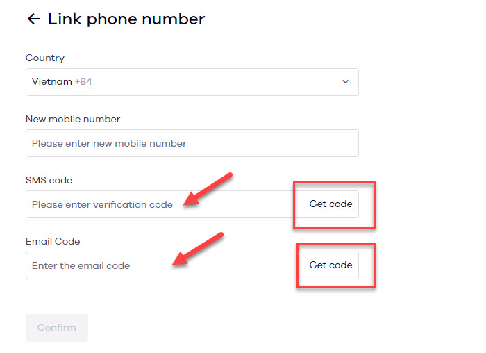 Điền thông tin số điện thoại vào, sau đó ấn Get Code ở SMS code và Email Code.