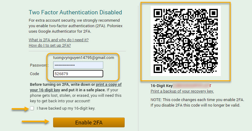 Quét QR code, điền password và Code, ấn vào Enable 2FA.