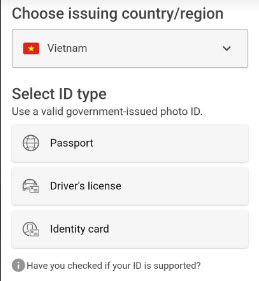 Lựa chọn ID để xác minh danh tính