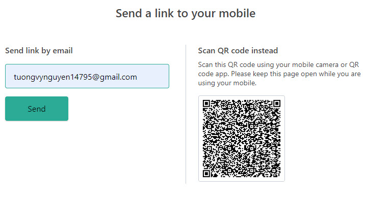 Nhập địa chỉ email hoặc quét mã QR code để lấy đường link tải ảnh.
