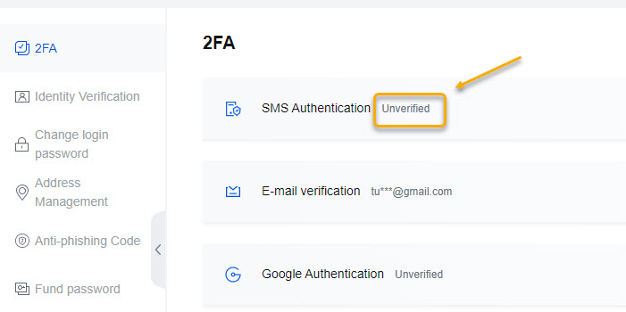Nhấp vào Unverified ở phần SMS Authentication.