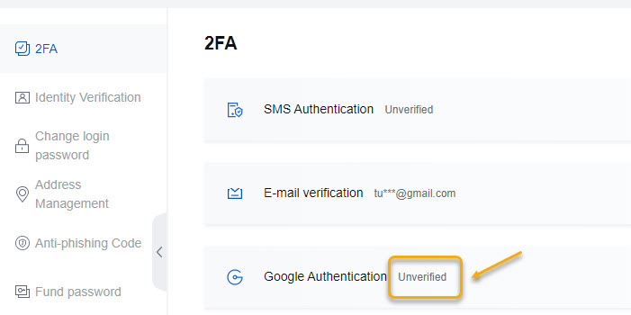 Nhấp vào Unverified ở phần Google Authentication.