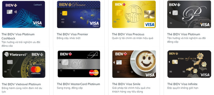 BIDV đang phát hành tổng cộng 9 loại thẻ tín dụng
